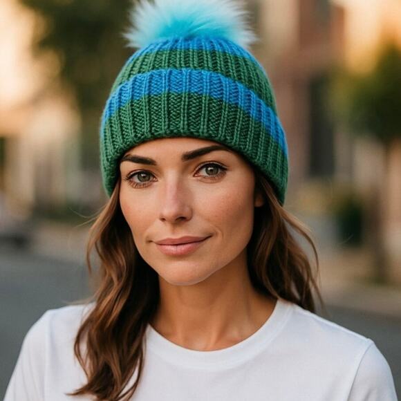 Hat Attack NWT Happy Stripes Blue Green Real Fur Pom Knit Beanie Hat One Size - Picture 8 of 8